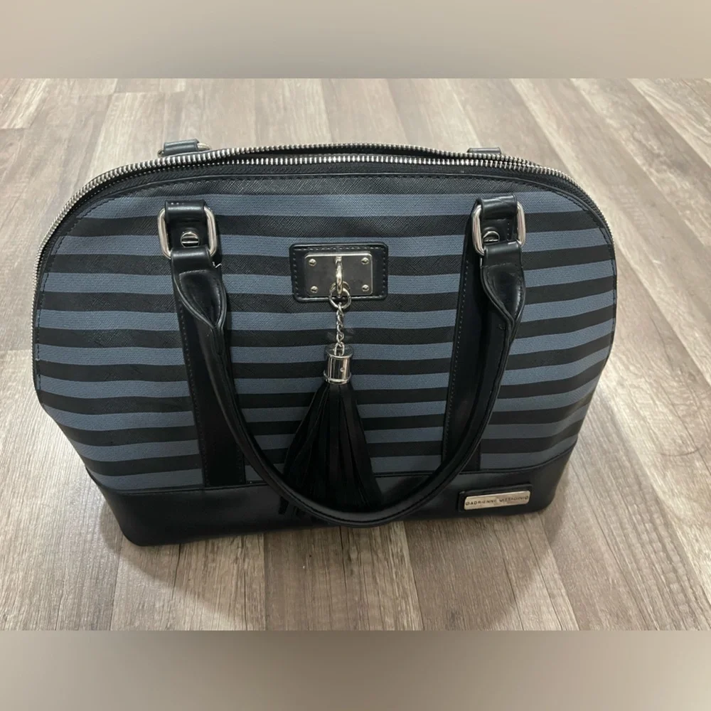 NWOT Adrienne Vittadini grey domed satchel bag grey black striped designer Alma